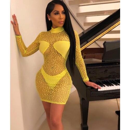 Women stylish Mesh Print Sexy Dresses Perspective Neon Yellow Fashion Mini Bodycon Slim Dresses Club Vestidos Robes Long Sleeve