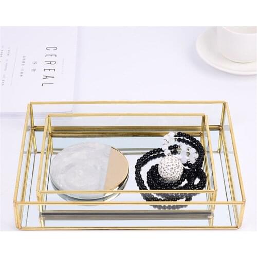 Nordic Retro Storage Tray Gold Rectangle Glass Makeup Organizer Tray Dessert Plate Jewelry Display Home Kitchen Decor