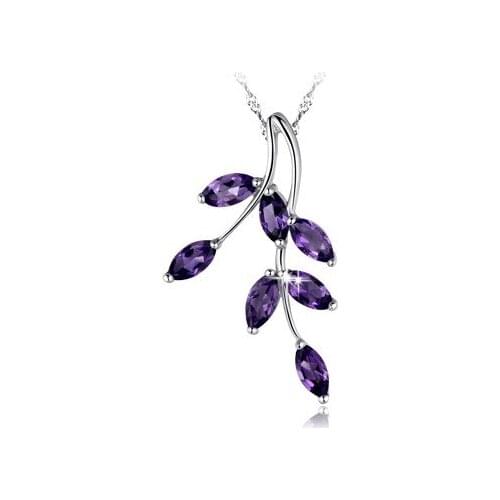 Natural amethyst gem pendant S925 silver Natural purple crystal Pendant Necklace trendy Elegant leaves float women party jewelry