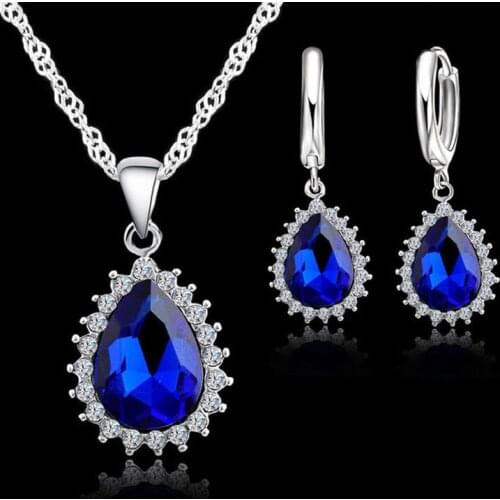 Water Drop Pendants Necklaces Earring Set For Women Wedding 925 Sterling Silver Cubic Zirconia Jewelry Sets Anniversary