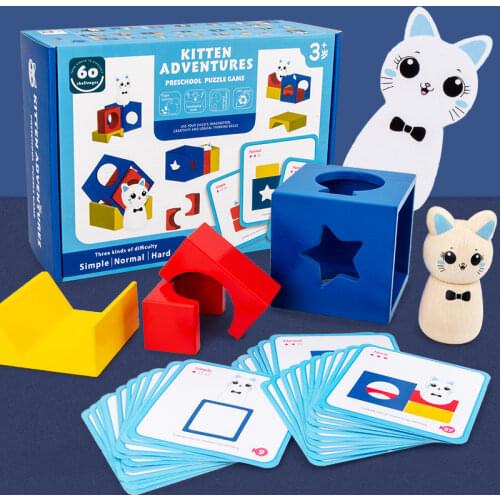 Kitten adventures preschool puzzle game 30 question cards Baby Desktop games toys for children Educational Montessori wooden toy