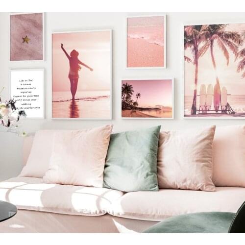Pink Beach Coconut Tree Surfboard Quotes Wall Art Canvas Painting Nordic Posters And Prints Wall Pictures For Living Room Decor