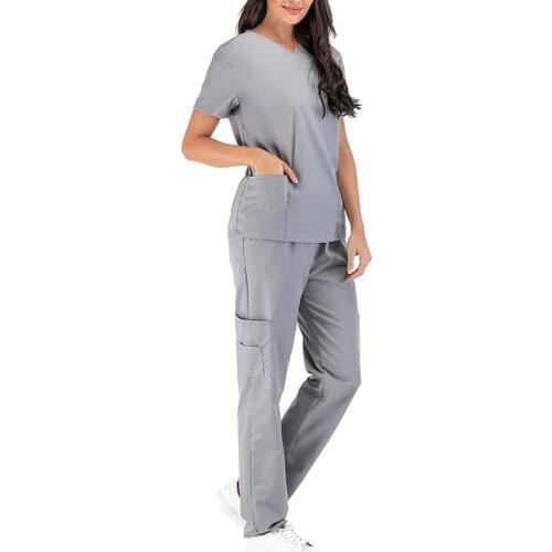 S-2XL Solid Short Sleeve V-Neck Nursing Working Overalls Top Pant Set Soft Unisex Scrub Uniform Workwear