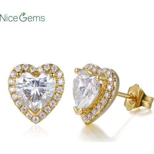 NiceGems Solid 14K Yellow Gold Halo Moissanite Stud Earrings Center 6.5MM D Color Heart Cut 2.1CTW Lab Grown Moissanite Earrings