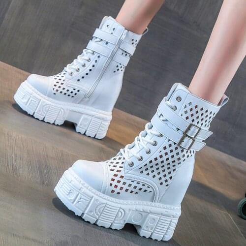 Punk Military Summer Ankle Boots Womens Genuine Leather Platform Wedge High Heels Strap Buckle Round Toe Creepers Oxfords