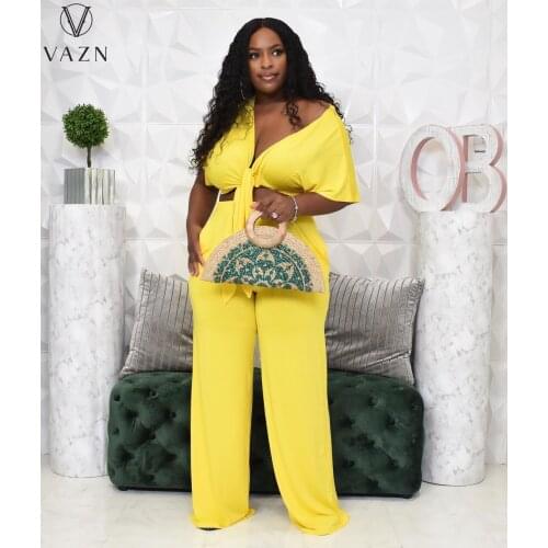 VAZN 2021 Hot Plus Size High-end Holiday Yellow Chiffon Sweet Bandage Short Sleeve Long Wide Leg Pants Slim Women 2 Piece Set