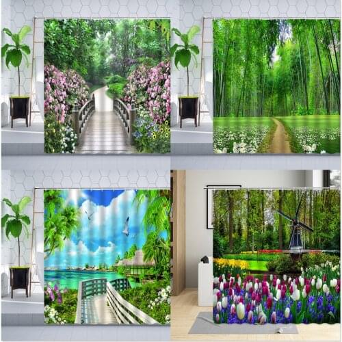 Garden Flower Plant Shower Curtain Spring Natural Scenery Courtyard Green Bamboo Forest Ocean View Bathroom Hanging Curtains Set