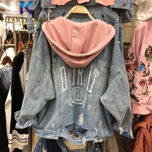 2020 Autumn Women Ripped Denim Jacket Hooded Short Coat Fashion Letter Embroidery Jeans Jacket Female Loose Casual Jeans Coat