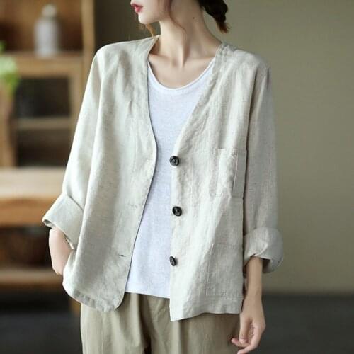 Women Cotton Linen Casual Jackets New 2021 Autumn Vintage Style V-neck Single Breasted Loose Female Outerwear Coats B1068