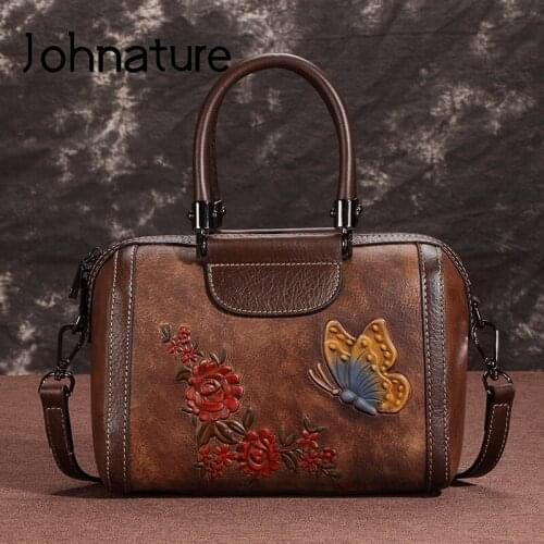 Johnature Handmade Embossed Handbag 2020 New Retro Cow Leather Women Bag Casual Tote Large Capacity Shoulder Messenger Bags