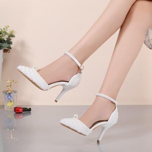 2021 autumn pointed toe handmade pearl banquet dress female sandals large size white stiletto bridal wedding shoes