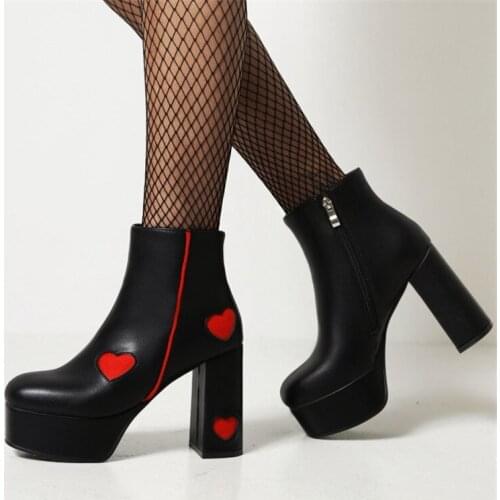PXELENA Designer Heart Shaped Women Ankle Boots Chunky Block High Heels Party Nightclub Show Dance Cosplay Shoes Punk Goth 35-43