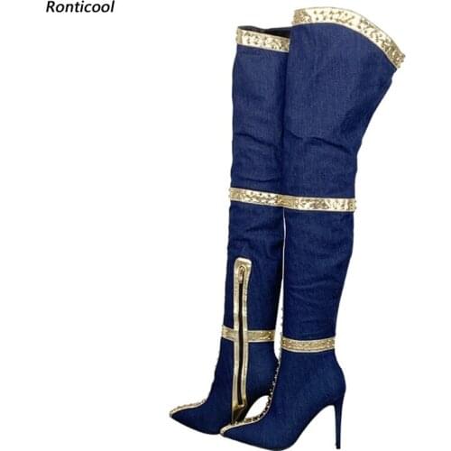 Ronticool Handmade Women Winter Thigh High Boots Sexy Studded Stiletto Heels Pointed Toe Blue Denim Shoes Women Us Size 5-15