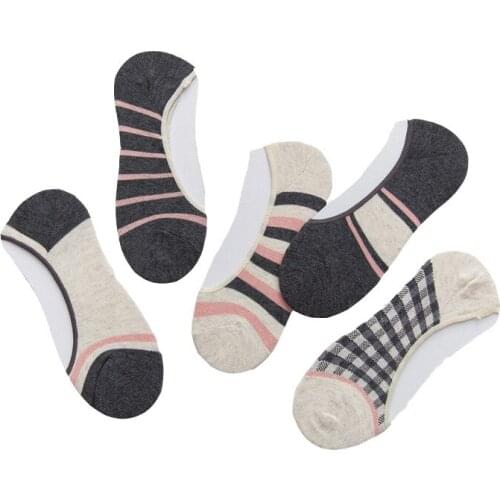 Women Invisible Cotton Sock Slippers No Show Loafer Liner Low Cut Plaid Cute Lady Socks Nonslip Boat Sock