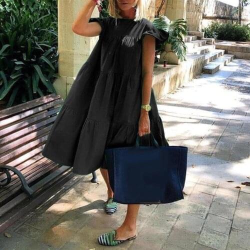 Women Casual Solid Color Dress O Neck Ruffled Short Sleeve Large Hem A Line Knee-Length Loose Midi Dresses Wedding Party Travel