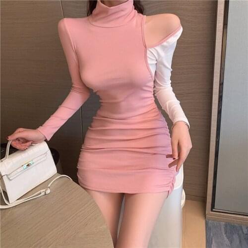 2021 Sexy Summer dress Women Off Shoulder Pullovers dress for Long Sleeve Turtleneck Female Pink Clothing Sexy party dress
