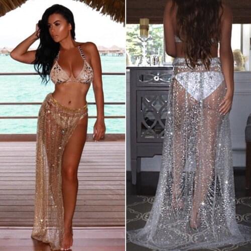 2018 New Women Summer Shining Sequin Bandage Beach Dress Sexy Hollow Out Beach Cover Ups Lace Up High Split Beachwear Long Skirt