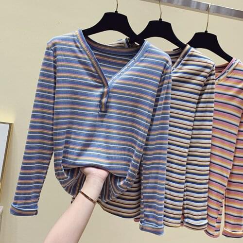 2021 Cotton T Shirt Women Striped Tee Shirt Female Long Sleeve Top Tees Sexy V-Neck Button T-shirt Autumn Winter Tops