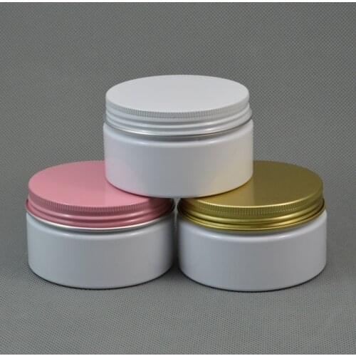 50pc/lot 100ml White Plastic Cosmetic Jar Serum Bottle White Pink Gold Aluminum Cap 3.5oz Refillable Hand Cream Case Metal Lid