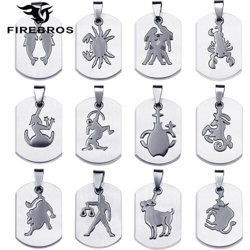 FIREBROS Free 20" Bead Chain Stainless Steel Dog Tag Zodiac Pendant Necklace Men Women Minimalist Jewelry Kids Gift Silver Color