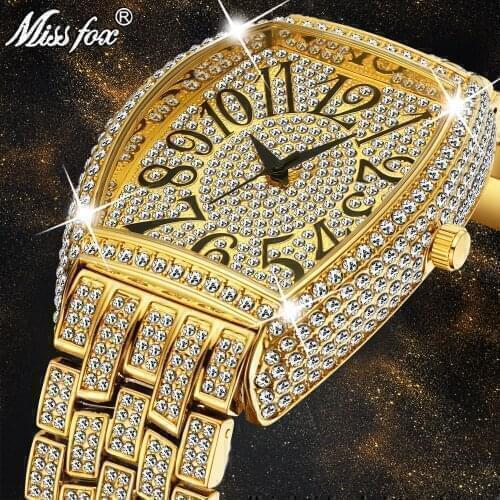 MISSFOX Design Watch Men 2020 Luxury Unique Tonneau Big Diamond Roman Numerber Mens Quartz Wristwatches Waterproof Clock Gift