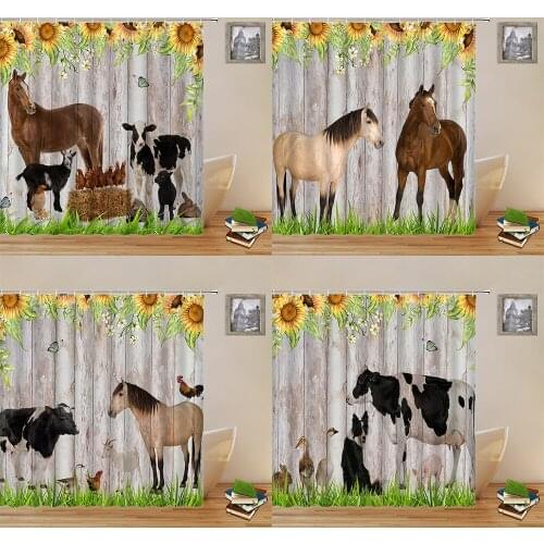 Farm Animals Shower Curtains Sets Cattle Horse Poultry Sunflower Farmhouse Wooden Wall Bathroom Polyester Hanging Cloth Decor