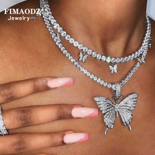 FIMAODZ Big Cuban Butterfly Necklace Bling Rhinestone Tennis Chain Exquisite Crystal Pendant Choker Women Statement Jewelry