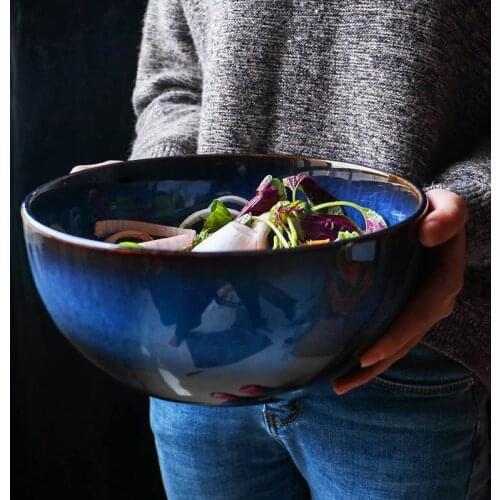 2400ml Ceramic Bowl Big Deep Salad Bowl Blue Porcelain Household Restaurant Tableware Soup Bowl Deep Blue Big Capacity Bowl