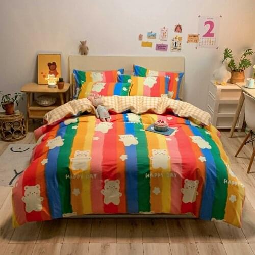 3/4pc Kids Cartoon Bear Rainbow Bed Sets Single Bed Cover Teens Girls Full Duvet Cover Fitted Bed Sheets Double Bed Linen Cotton
