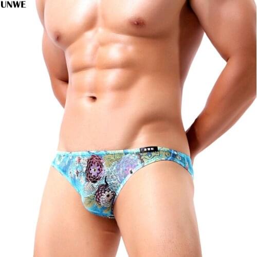 Printed Lace Briefs Men Sexy Low Rise Sissy Gay Briefs Semi-transparent Male Panties Penis Pouch Bikini Underwear M-XXL