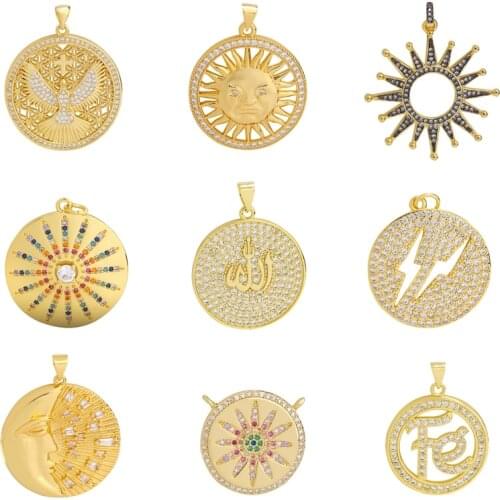 Juya DIY Luxury Pendant Jewelry Making Accessories Handmade Cubic Zirconia Round Shape Allah Sun Moon Evil Eye Charms Supplies