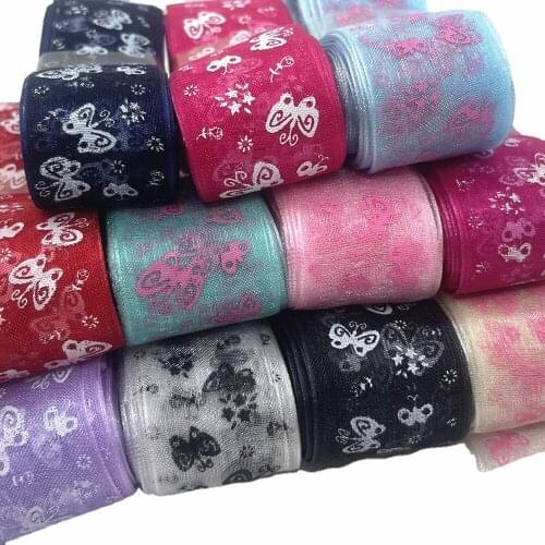 5meters/lot 25mm Cartoon Butterfly Ribbons Printed Organza Ribbon Tape for Needlework DIY Gift wrapping Decoration