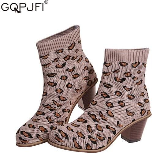Leopard Womens Boots Socks Boots Fly Weave Chelsea Boots Thick Heel Bare Boots Round Head Martin Boots Stretch Casual Boots