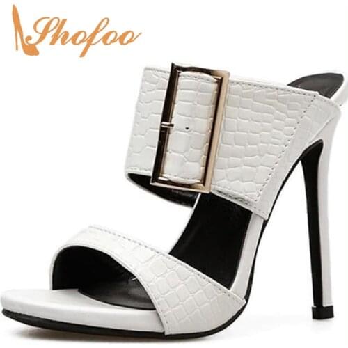 Summer White Snakeskin Stilettos Outside Slippers Woman Buckle Strap Super High Thin Heels Large Size 33 35 Ladies Shoes Mature