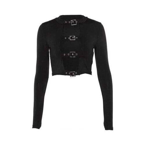 Summer Autumn Women Sexy Hollow out Button Black T-shirt Sweatshirts Female Long Sleeve O-Neck Short Solid Patchwork Tops