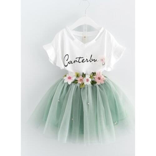 2021 Girls Summer Dresses Suit Baby Girls Short-Sleeved Lettered T-shirt + Mesh Skirt Two-Piece Set 2 3 4 5 6 7 8 Years Old