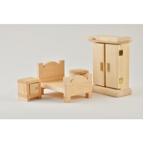 Mini Wooden Bedroom Set for Barbie Doll House Miniature Barbie Play Home Furniture Bed Wardrobe Nightstand 3D Decor Wooden Baby Toys