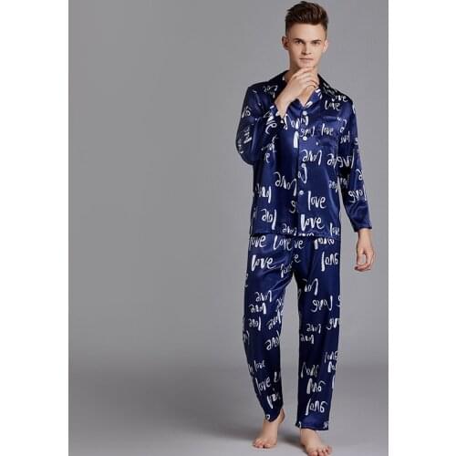 Men Silk Pajamas Sets Navy Simple Homewear Sleepwear for Men Sexy Pajamas for Men Pajama Set