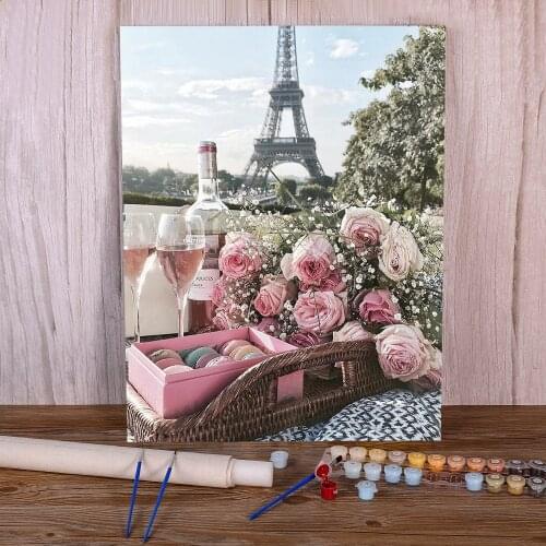 Landscape Flower Car Eiffel Tower Painting By Numbers Complete Kit Acrylic Paints 40*50 Boards By Numbers Handiwork