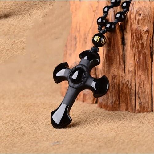 Natural Obsidian Cross Jade Pendant Jewelry Lucky Patron saint Auspicious Safety Amulet Jade Pendant Fine Jewelry