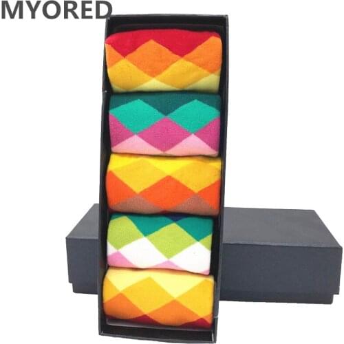 MYORED 5 pair/lot mens Socks combed cotton jacquard bright color diamond mens business socks casual dress wedding gift NO BOX