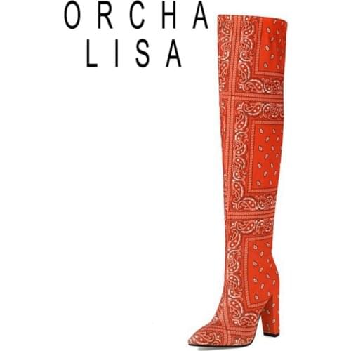 ORCHALISA 2021 Over The Knee Boots Sexy Party Slip On Pointed Toe Ethnic Block Heel Short Plush Camouflage Purple Orange A4495