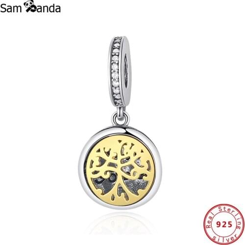 Original 100% 925 Sterling Silver Bead Charm Family Tree Pendant Gold Color Charms Fit Bracelets Necklaces Women Diy Jewelry