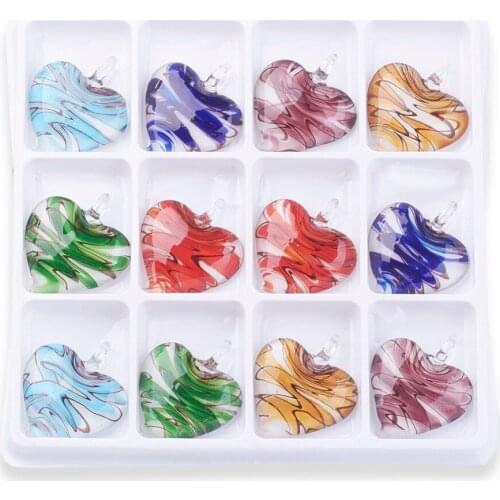 Pandahall 12pcs/box Handmade Heart Lampwork Pendants for necklace jewelry DIY making,Mixed Color,50x43x13mm,Hole: 12mm