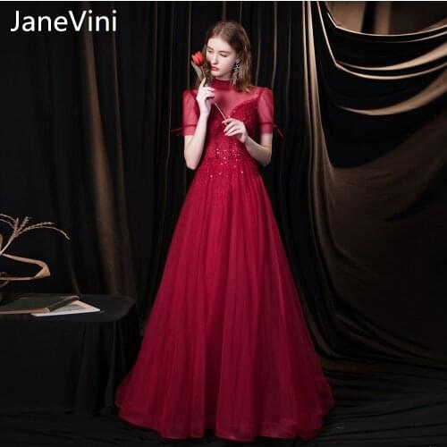 JaneVini Luxury Sexy Dubai High Neck Burgundy Evening Dresses for Women 2021 Shining Sequins Beaded Tulle A Line Prom Party Gown