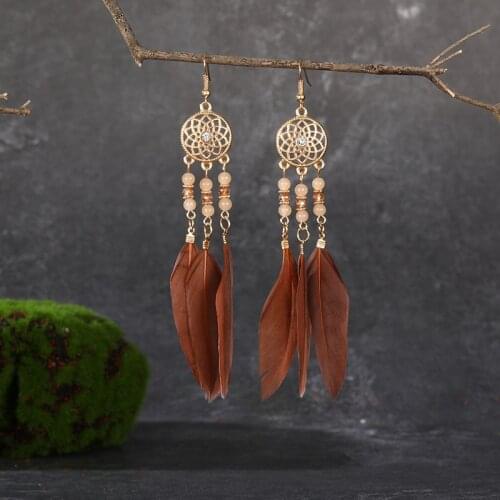 Bohemian National Style Fringed Earrings Women Long Dream Catcher Feather Earrings