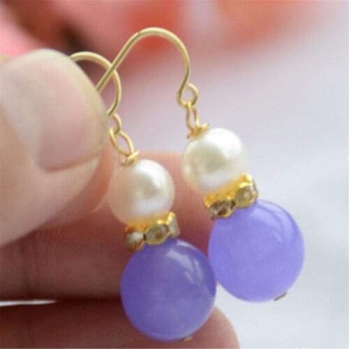 Shell pearl Lavender chalcedony Gold Plated Earrings Gift Irregular Cultured Classic Jewelry AAA