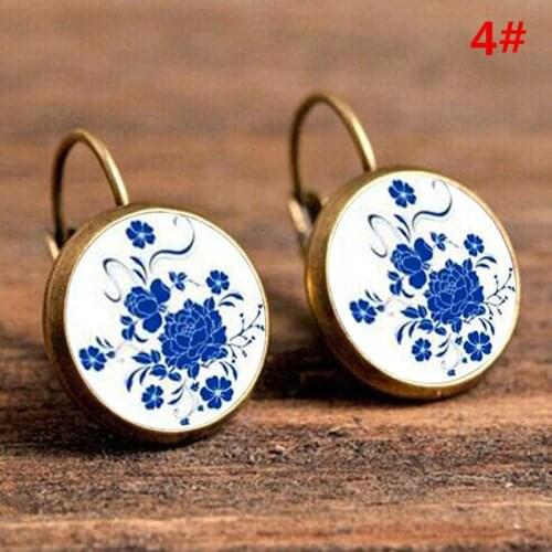 Vintage Bohemia Big Earrings for Women Pendientes Simple Round Dangle Retro Style Lotus Blue and White Porcelain Peacock Pattern