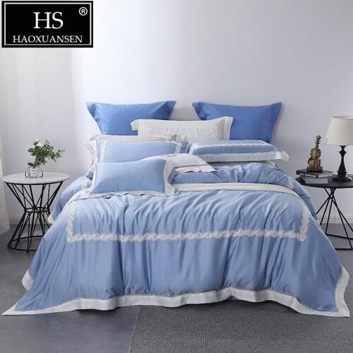 High-end Tencell Lyocell Lace Blue 4 Piece Bedding Set 100% Tencel Silk Super Soft Breathable Bedding Queen King Size Bed Linens