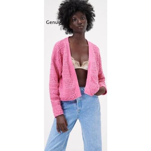 Women Autumn Fashion Long-Sleeved Texture Stretch Knitted Straight Jacket Ladies Hollow Cardigan Without Button Pink Street Coat